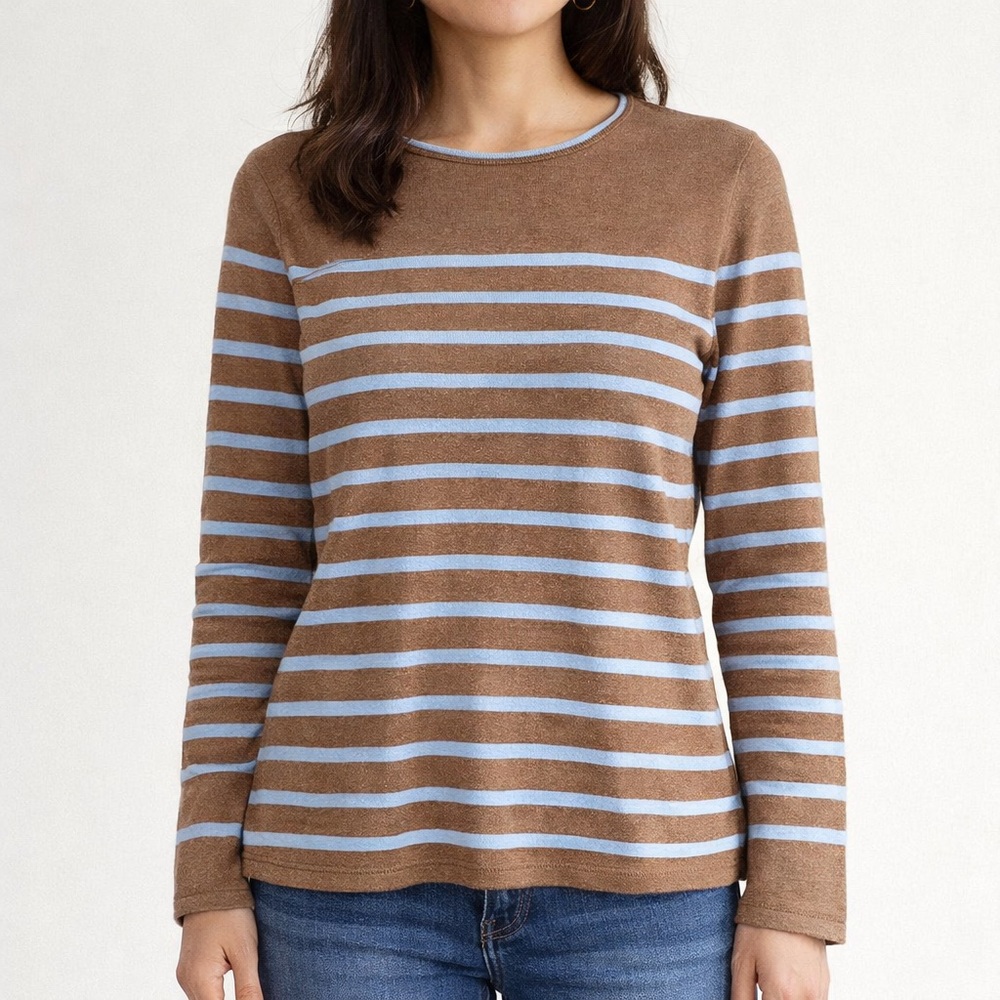J. McLaughlin Light Brown and Sky Blue Poet Striped Long Sleeve Sweater Sz M
